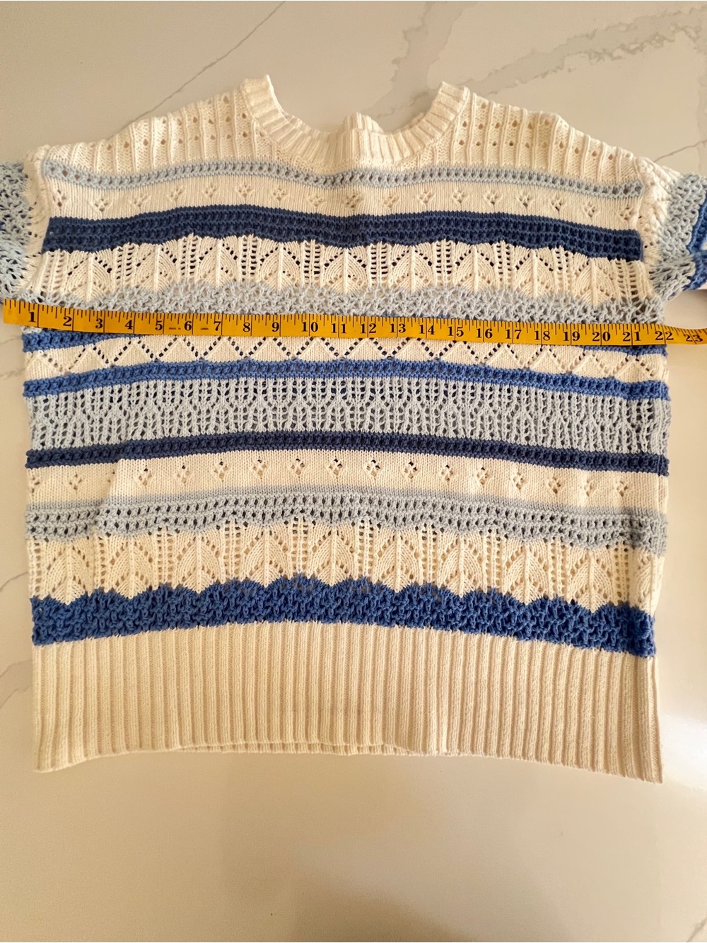 LOFT Chunky knit Open Stitch Cream Sweater with Light and Royal Blue Stripes, M - Picture 6 of 9